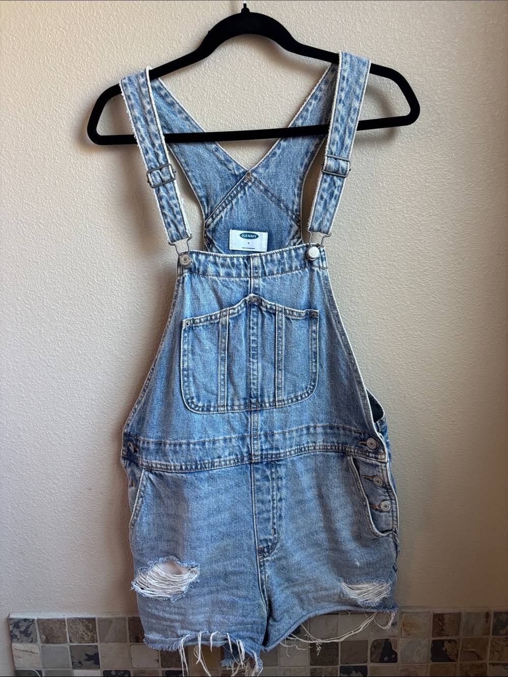 Old Navy Distressed Denim Short Overalls Medium Light Wash Y2K